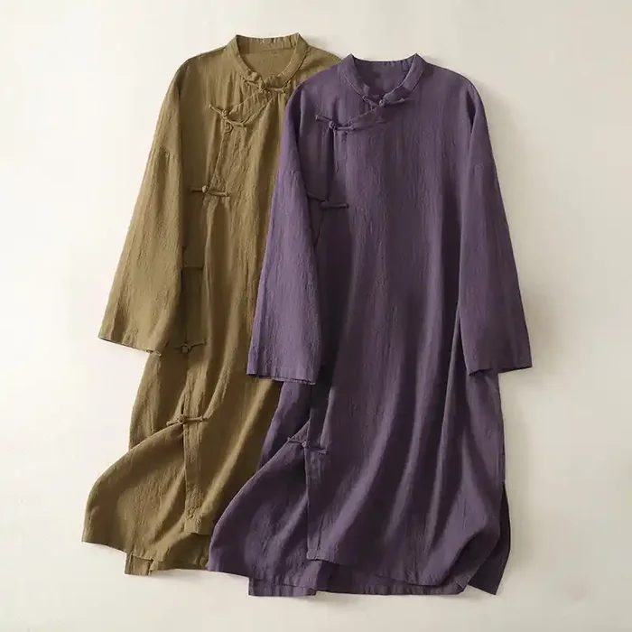 Buddha Stones Vintage Plain Frog Buttons Asymmetrical Design Long Sleeve Cotton Linen Midi Dress