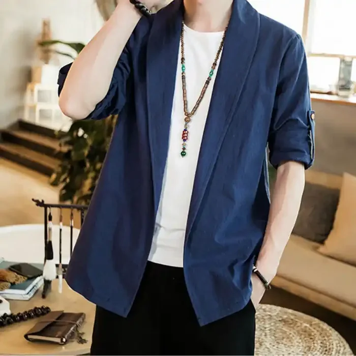 Buddha Stones Vintage Plain Lapel Open Front Jacket Cotton Men‘s Kimono