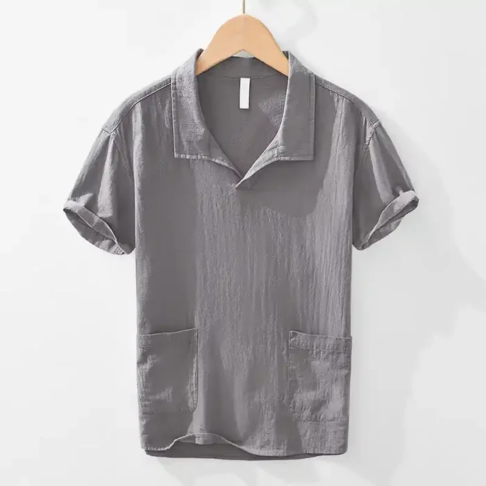 Buddha Stones Vintage Plain Simple Design Men‘s Short Sleeve Cotton Linen Shirt Clothing With Pockets