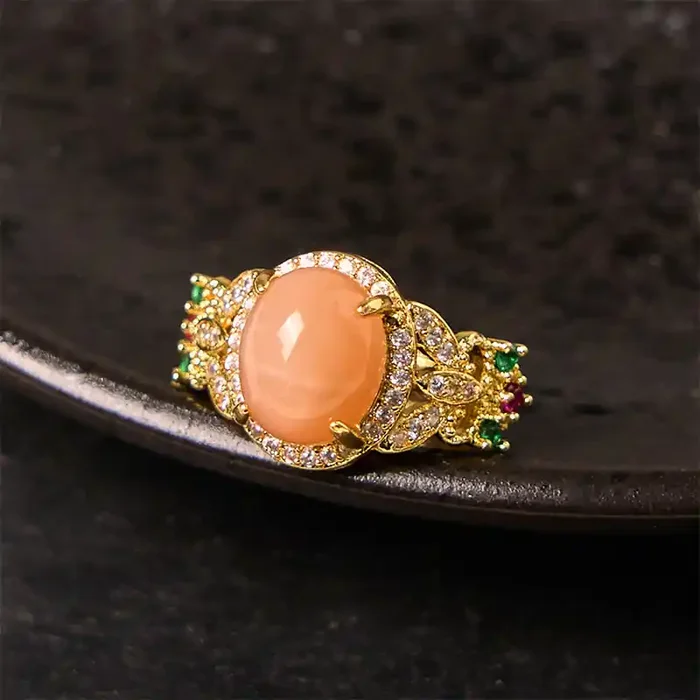 Buddha Stones Vintage Prong Setting Four Leaf Flower Design Peach Moonstone Adjustable Soothing Ring