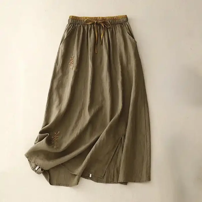 Buddha Stones Vintage Solid Embroidery Drawstring Women‘s Skirt With Pockets