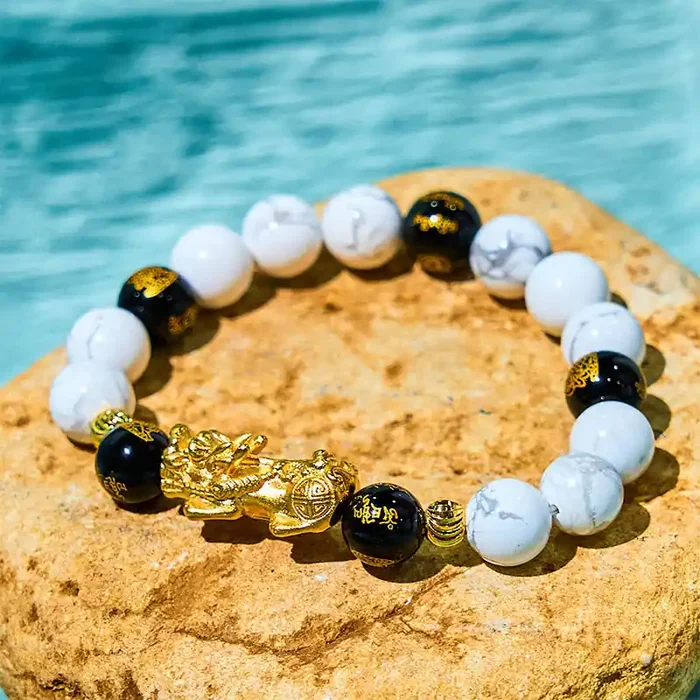 Buddha Stones Vintage White Turquoise Black Onyx Pixiu Beads Blessing Bracelet