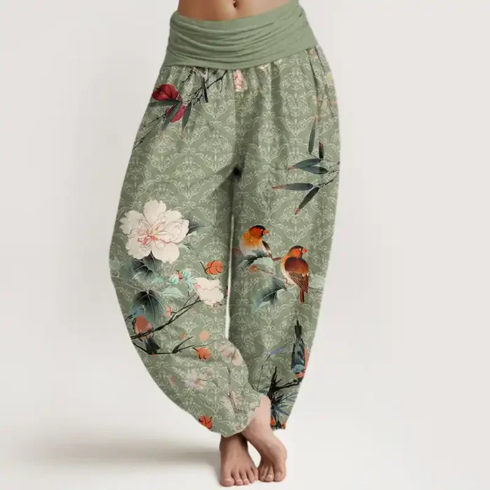 Buddha Stones Warbler Bird Blooming Flower Branches Mandala Pattern Women‘s Elastic Waist Harem Pants