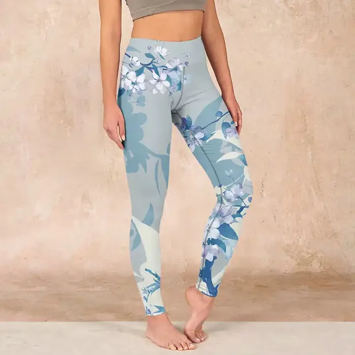 Buddha Stones White Blue Flowers Print Gym Leggings Women‘s Yoga Pants