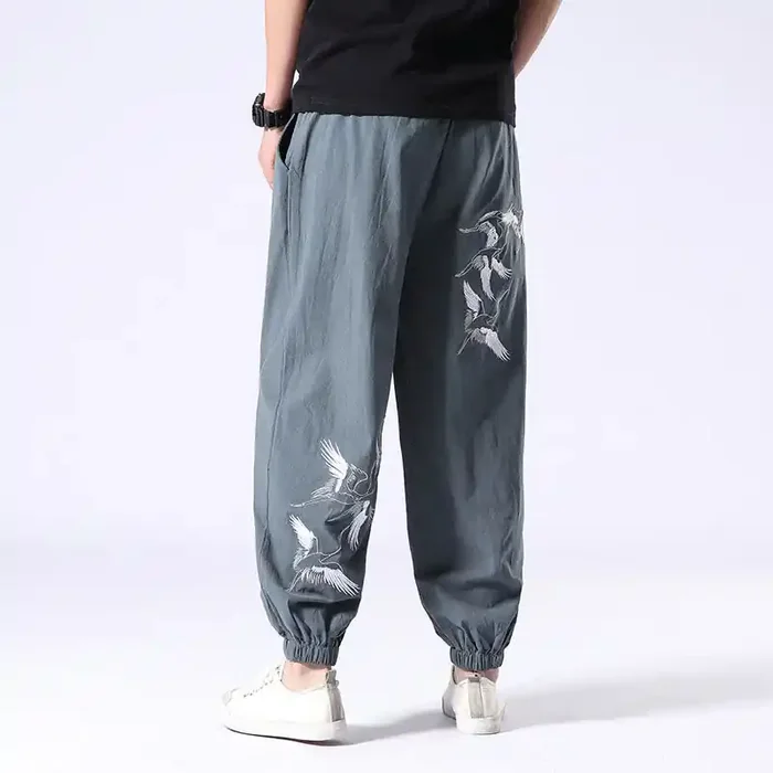 Buddha Stones White Crane Embroidery Design Drawstring Men‘s Harem Pants With Pockets