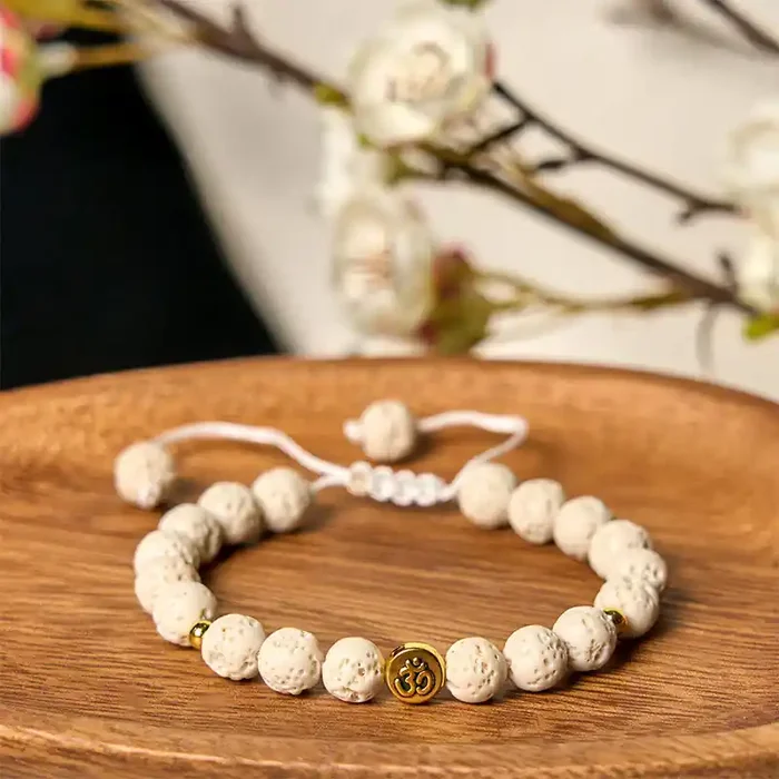 Buddha Stones White Lava Rock Om Symbol Healing Calm Bracelet