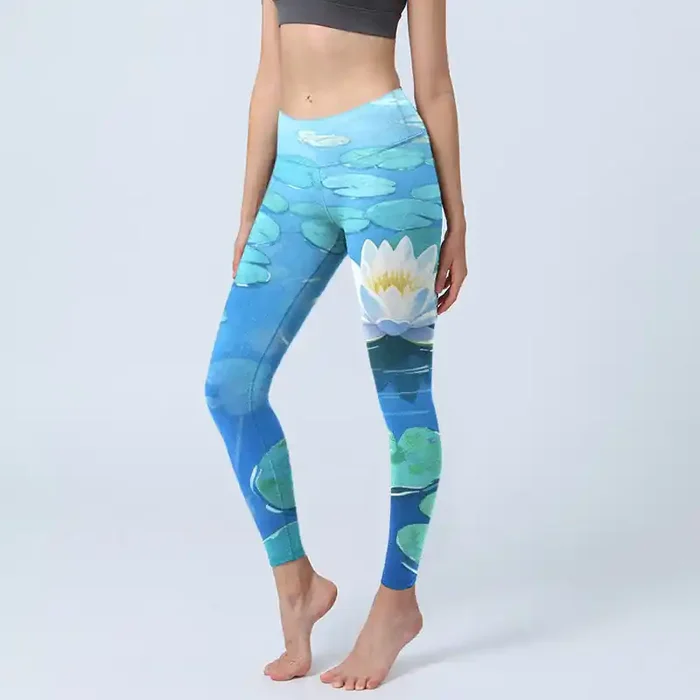 Buddha Stones White Lotus Flower Green Lotus Leaves Pattern Print Gym Leggings Women‘s Yoga Pants