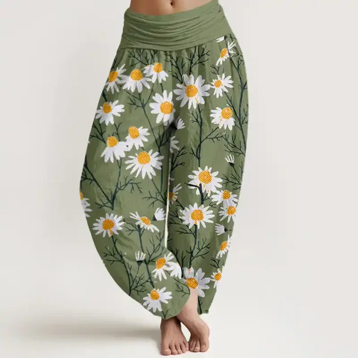 Buddha Stones White Petals Daisy Pattern Women‘s Elastic Waist Harem Pants