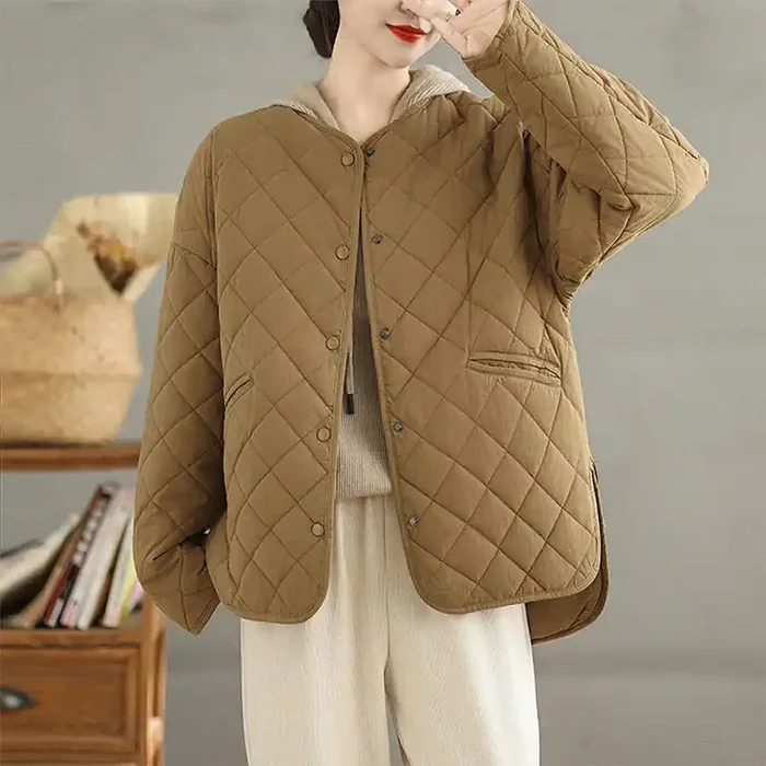 Buddha Stones Women‘s Buttons Design Cotton Thermal Diamond-quilted Long Sleeve Jacket With Pockets