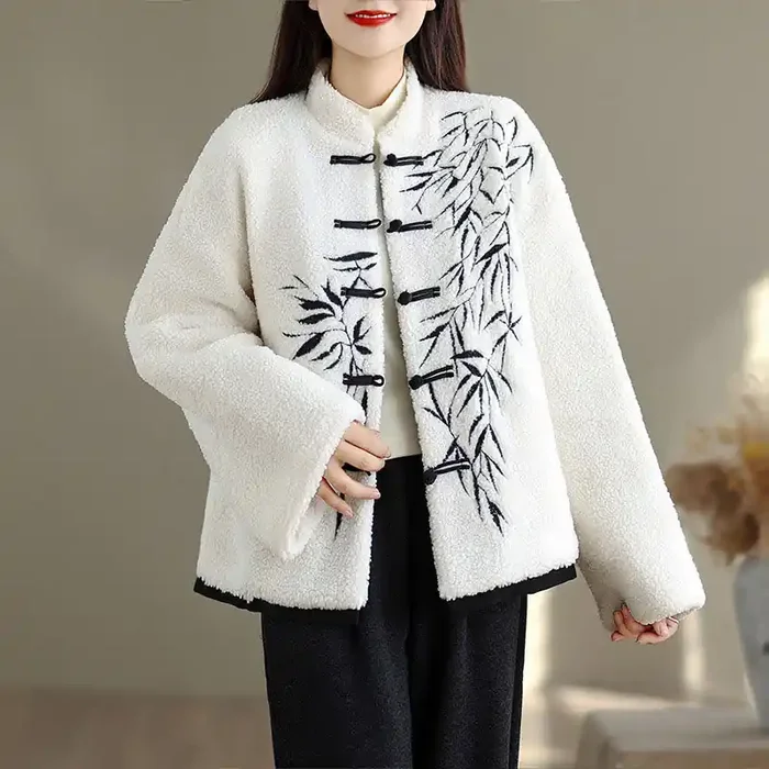 Buddha Stones Women‘s Embroidered Long Sleeve Thickened Cotton Jacket With Pockets