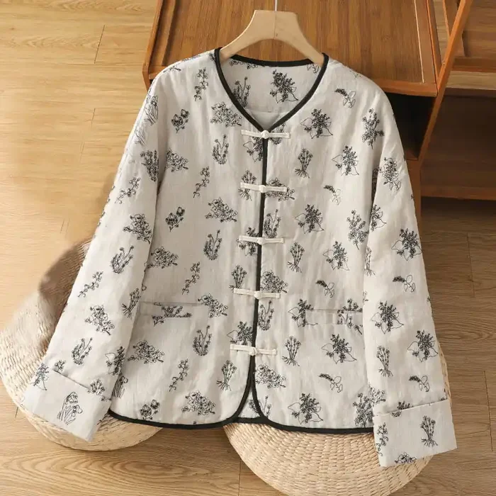 Buddha Stones Women‘s Embroidery Frog-button Long Sleeve Cotton Padded Jacket With Pockets