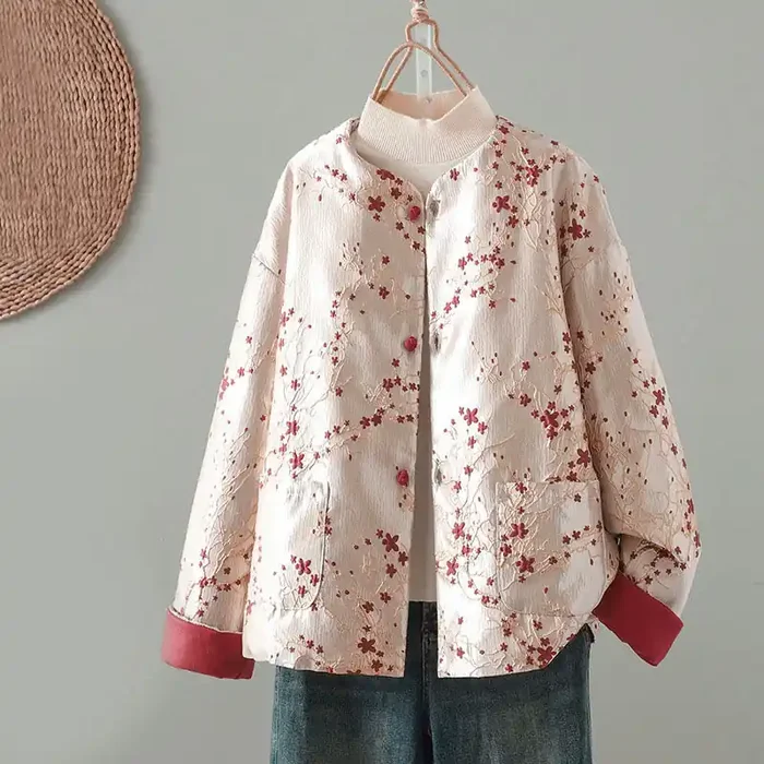 Buddha Stones Women‘s Jacquard Buttons Long Sleeve Cotton Thicken Jacket With Pockets