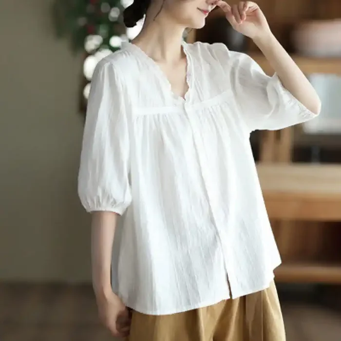Buddha Stones Women‘s Pure White Lace V-neck Design Half Sleeve Cotton Shirt