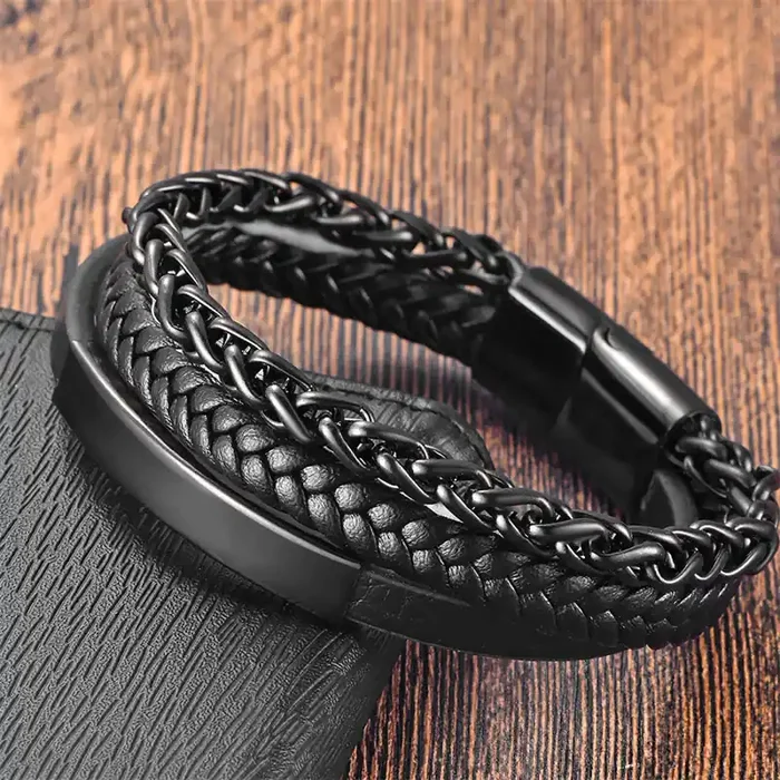 Buddha Stones Woven Pattern Titanium Steel Stimulation Multi-layer Leather Buckle Bracelet