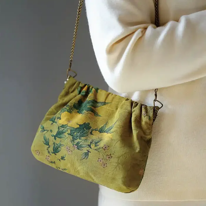 Buddha Stones Yellow Green Flower Black Persimmon Metal Chain Crossbody Bag Shoulder Bag Handbag