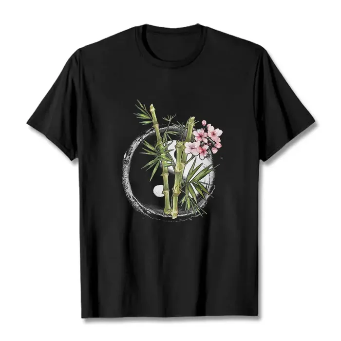 Buddha Stones Yin Yang Bamboo Peach Blossoms Pattern Tee T-shirt