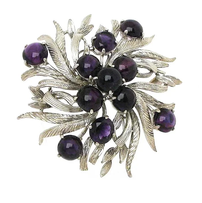 Cabochon Amethyst 14k White Gold Floral Brooch Pin