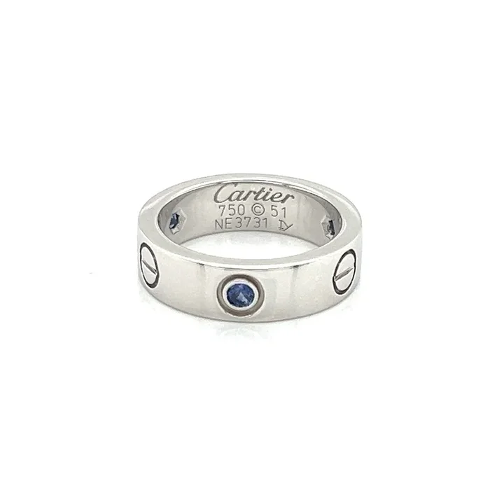 Cartier Love 18k White Gold Blue Sapphire Band Ring w/Paper – Size 5.5