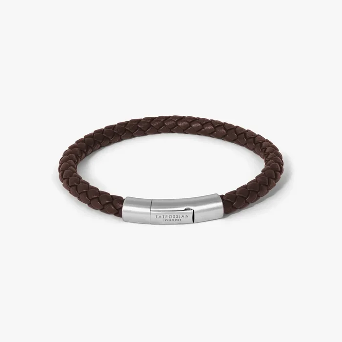 Charles Click Pelle Bracelet In Rhodium & Brown Leather