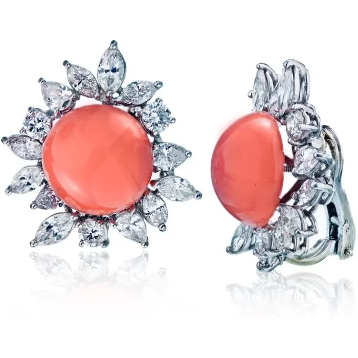Circa 1960’s Platinum 8.00 Carat Diamond And Coral Earrings