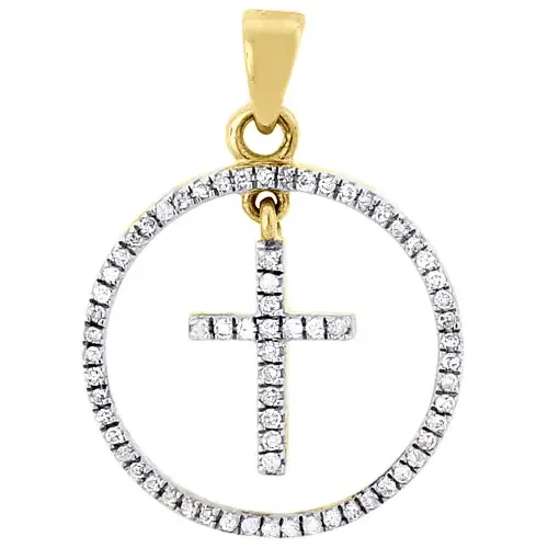 Circle Cross Diamond Pendant 10k Yellow Gold Round Charm 1/4 Ct.
