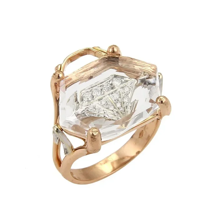 Clear Quartz & Diamond 18k Rose Gold Handbag Ring – Size 7