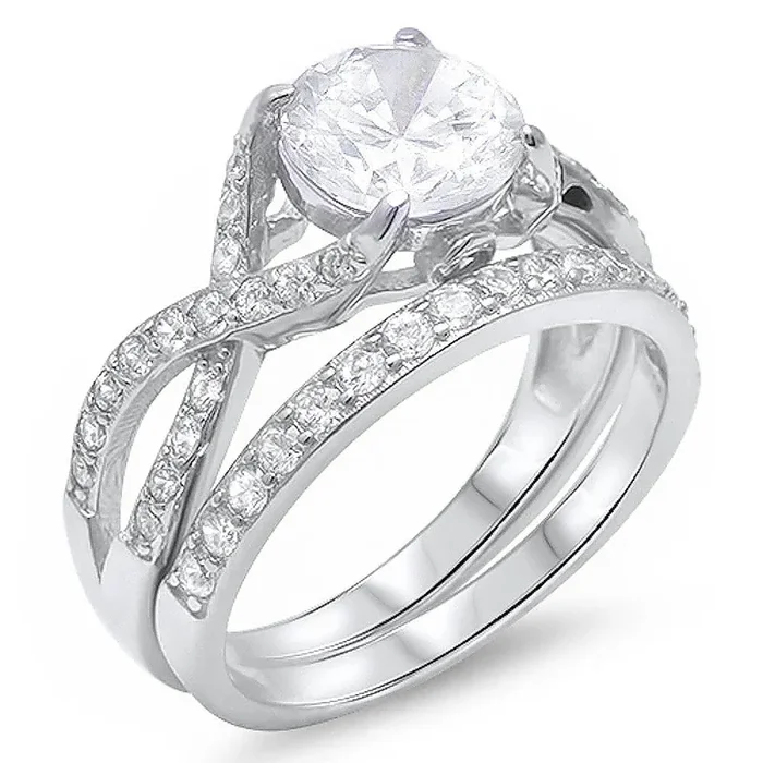 CLOSEOUT! 2ct Round CZ 2 Rings Engagement Set .925 Sterling Silver Ring Sizes 5-9 , 11