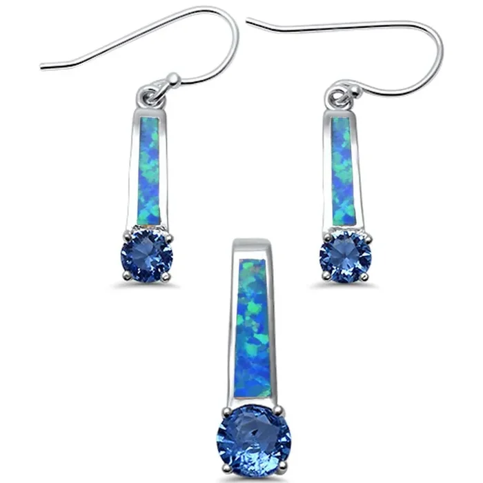 CLOSEOUT! Dangling Blue Opal & Tanzanite Cubic Zirconia Set .925 Sterling Silver Pendant & Earring Set