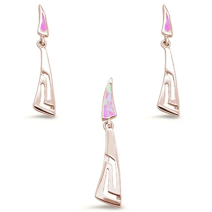 CLOSEOUT! Rose Gold Plated Pink Opal Filigree Dangling Earring & Pendant .925 Sterling Silver Set