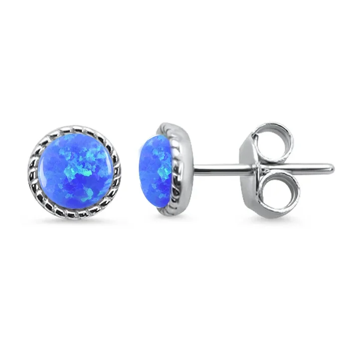 CLOSEOUT! Round Braided Milgrain Blue Opal .925 Sterling Silver Stud Earrings