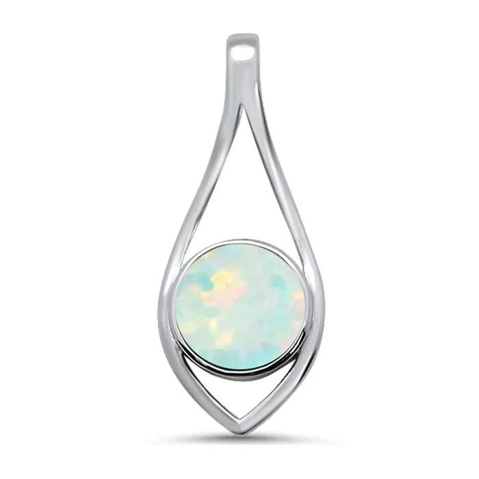 CLOSEOUT! Round Modern Lab Created White Opal .925 Sterling Silver Pendant