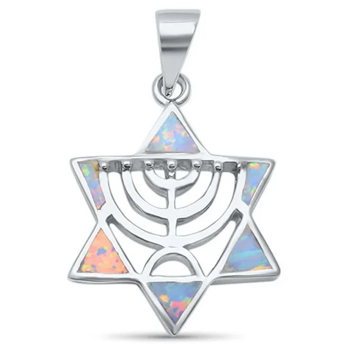 CLOSEOUT! White Opal Minorah Jewish Star of David .925 Sterling Silver Pendant