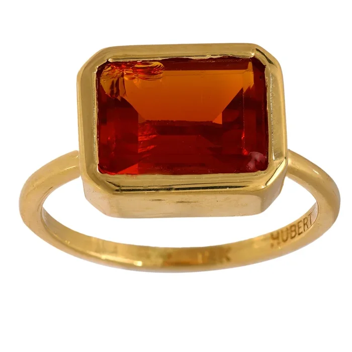 Contemporary 2.30 carat fire opal 18k yellow gold bezel ring