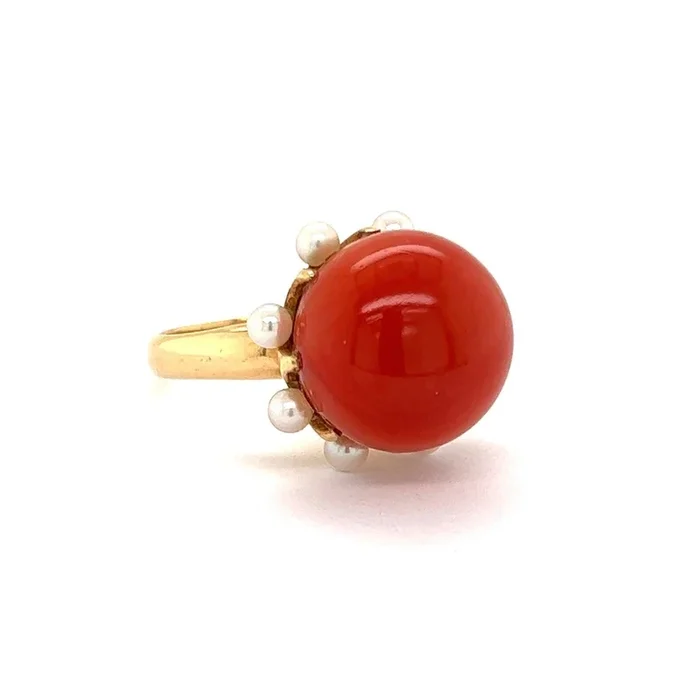 Coral & Seed Pearls Cocktail 14k Yellow Gold Ring – Size 5