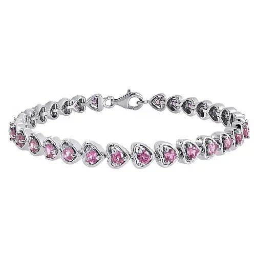 Created Pink Sapphire Heart Bracelet .925 Sterling Silver Round Design 4.80 Tcw.