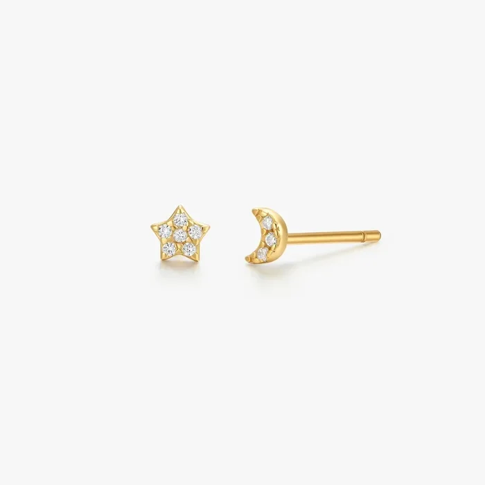Crystal Moon + Star Sterling Studs in Gold