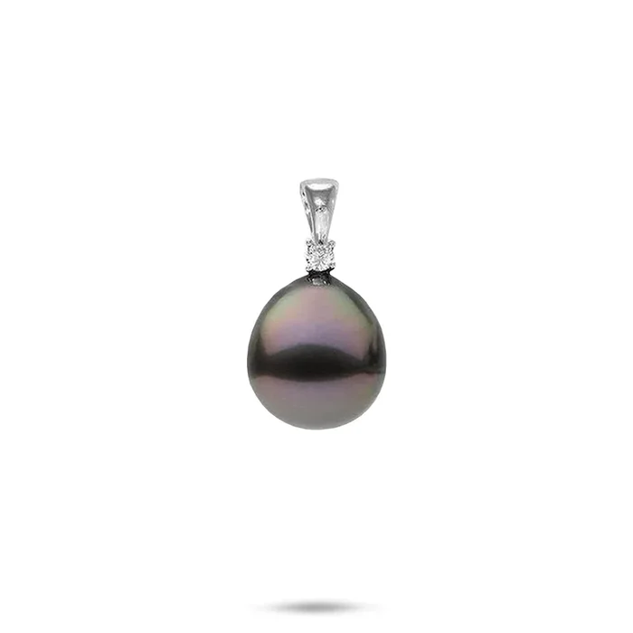 ダイヤモンド付きホワイトゴールドのタヒチアンブラックパールペンダント-11-12mm