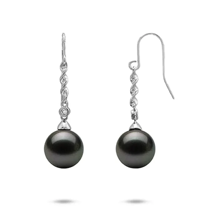 ダイヤモンドと白金のタヒチの黒い真珠のイヤリング – 9-10mm