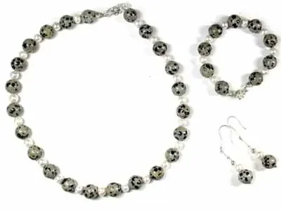 DALMATINE JASPER WITH SOUTH SEA PEARLS GEMSTONE BEADS 4PC SET G443