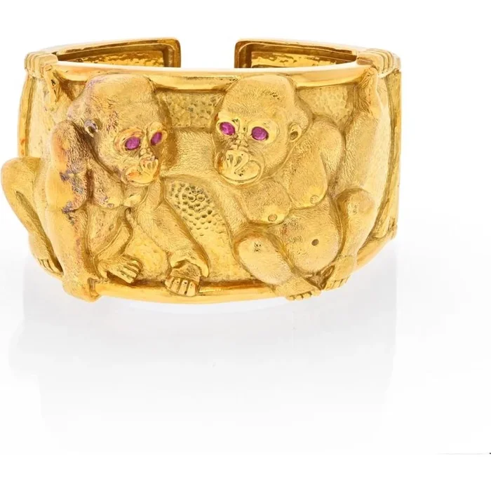 David Webb 18K Yellow Gold and Platinum Majestic Gorilla Cuff Bracelet with Ruby Eyes