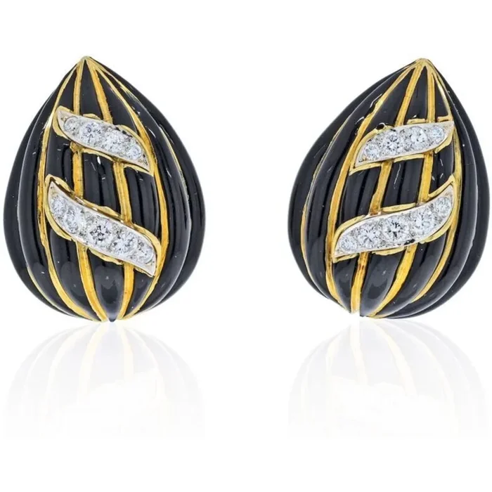 David Webb – 18K Yellow Gold Black Enamel And Diamond Tear Drop Earrings