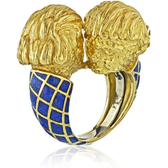David Webb – Crossover Platinum & 18K Yellow Gold Blue Enamel – Double Head Ring