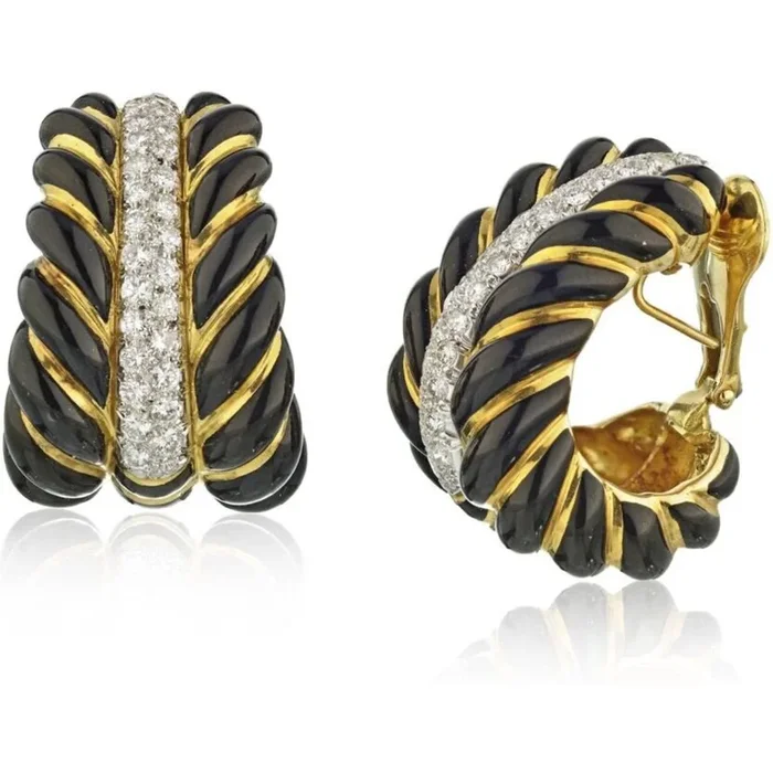 David Webb – Platinum & 18K Yellow Gold Black Enamel Diamond Bombe Shrimp Earrings