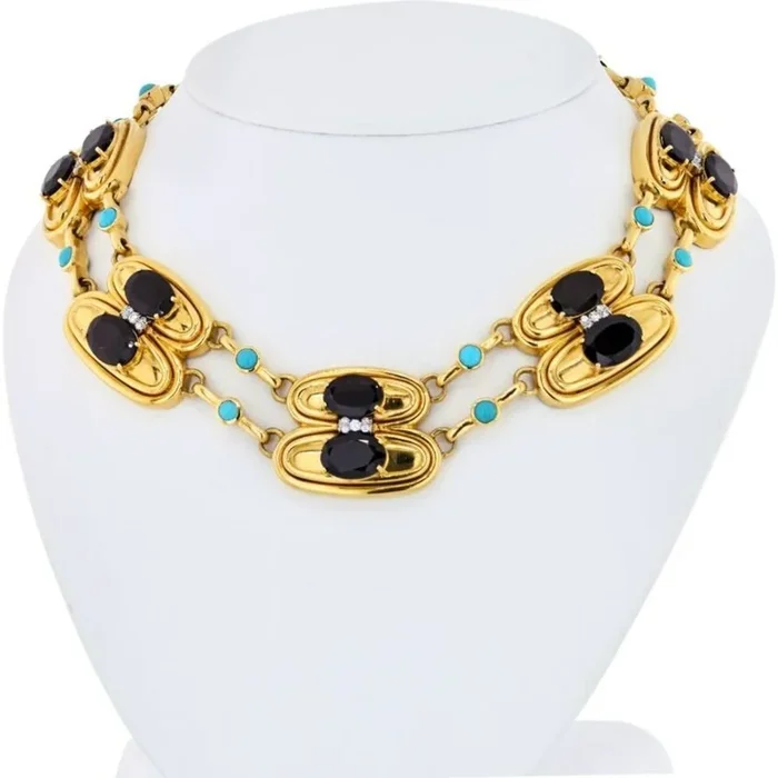 David Webb – Platinum & 18K Yellow Gold Garnet, Turquoise & Diamond Necklace