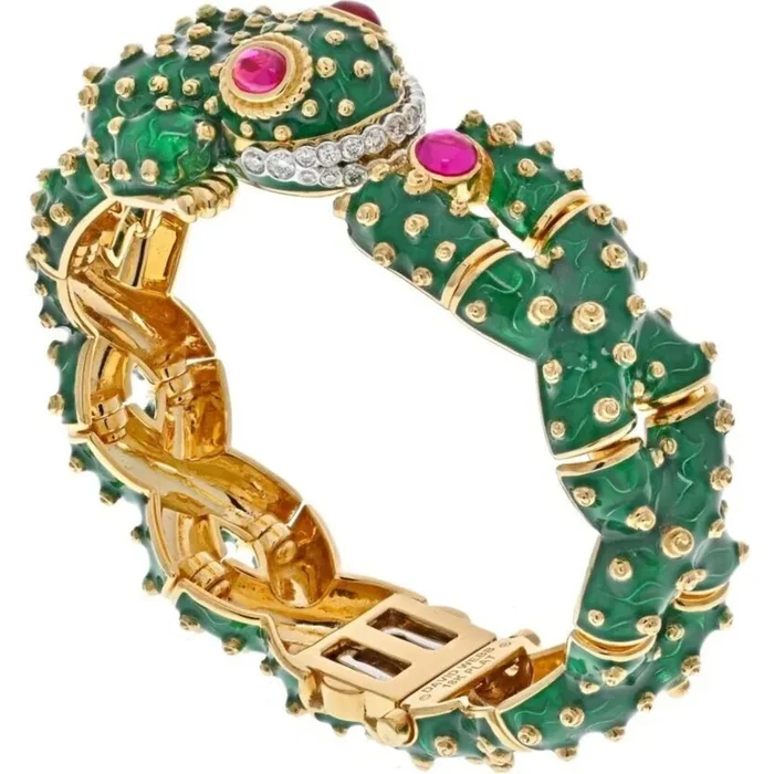 David Webb – Platinum & 18K Yellow Gold Green Enamel, Diamond And Ruby Frog Bracelet