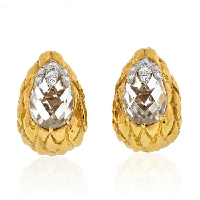 David Webb – Platinum & 18K Yellow Gold Rock Crystal Carved Clip On Earrings