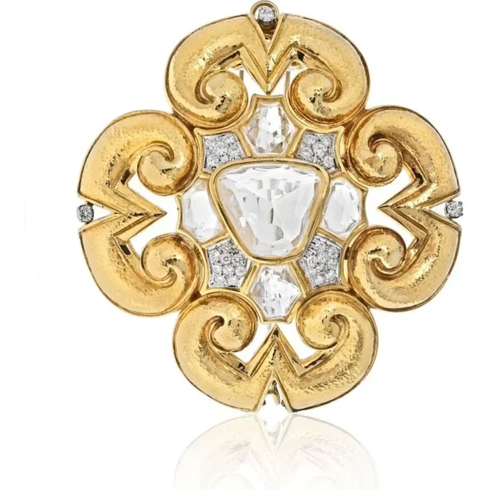 David Webb – Platinum & 18K Yellow Gold Rock Crystal Large Maltese Cross Scroll Pendant Brooch