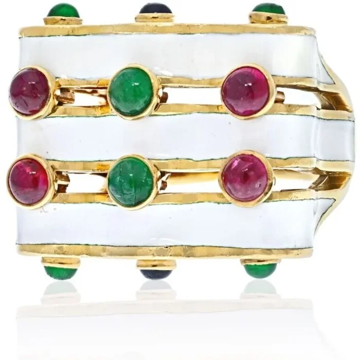 David Webb – White Enamel Wave With Rubies, Emeralds And Sapphires Ring