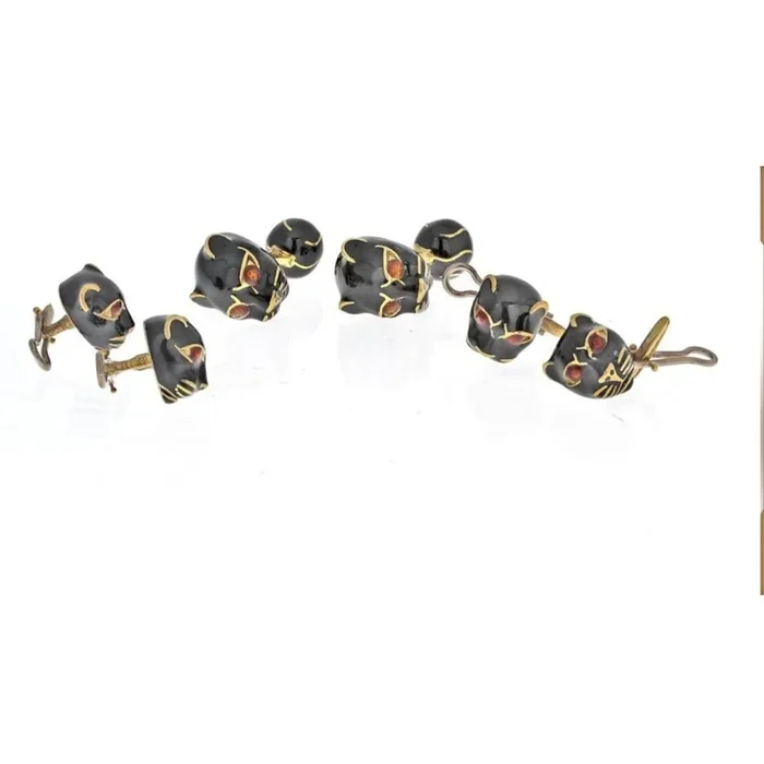David Webb – Yellow Gold Black Panther Mens Suit Set Cuff Links