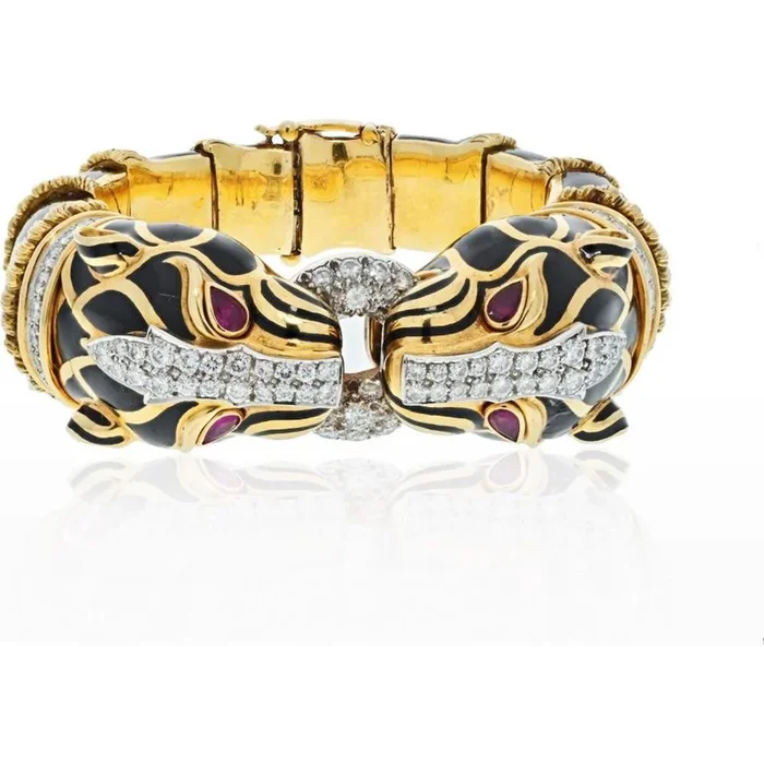 David Webb Luxe Panther Platinum & 18K Gold Enamel Bangle Bracelet
